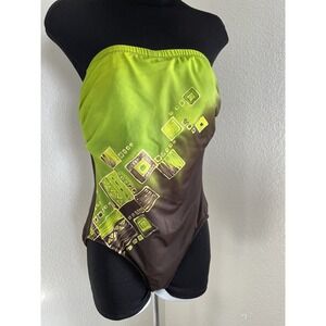VTG‎ Slimsuit One Piece Swimsuit Underwire support Strapless Green brown USA 12
